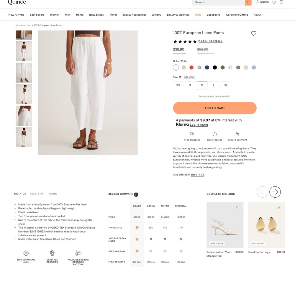 NWT Quince Women’s 100% Linen White Pants Medium - Picture 4 of 4